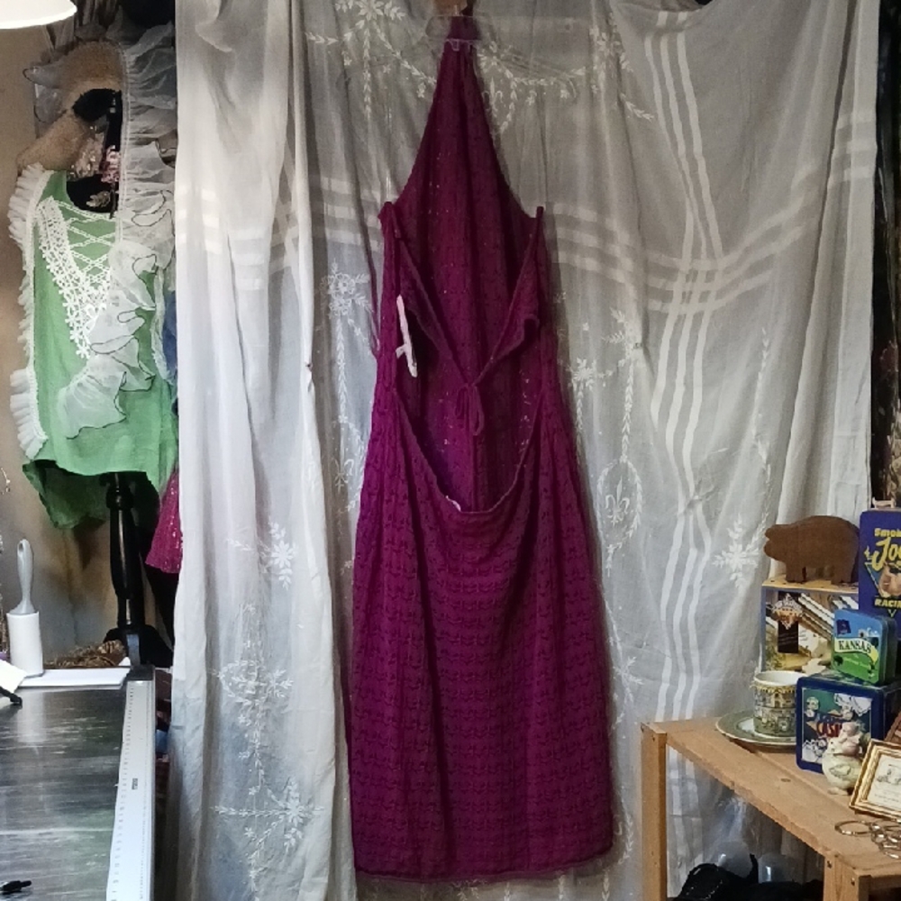 Magenta Open Crochet Halter Maxi Pluse Size Dress Coverup